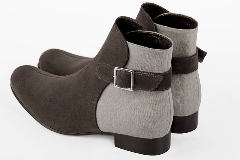 Chocolate brown and natural beige dress ankle boots for men. Round toe. Flat leather soles. Rear view - Florence KOOIJMAN